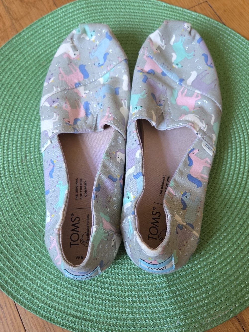 TOMS Pastel Unicorn Canvas Slip-Ons — Gray with Pastel Unicorns